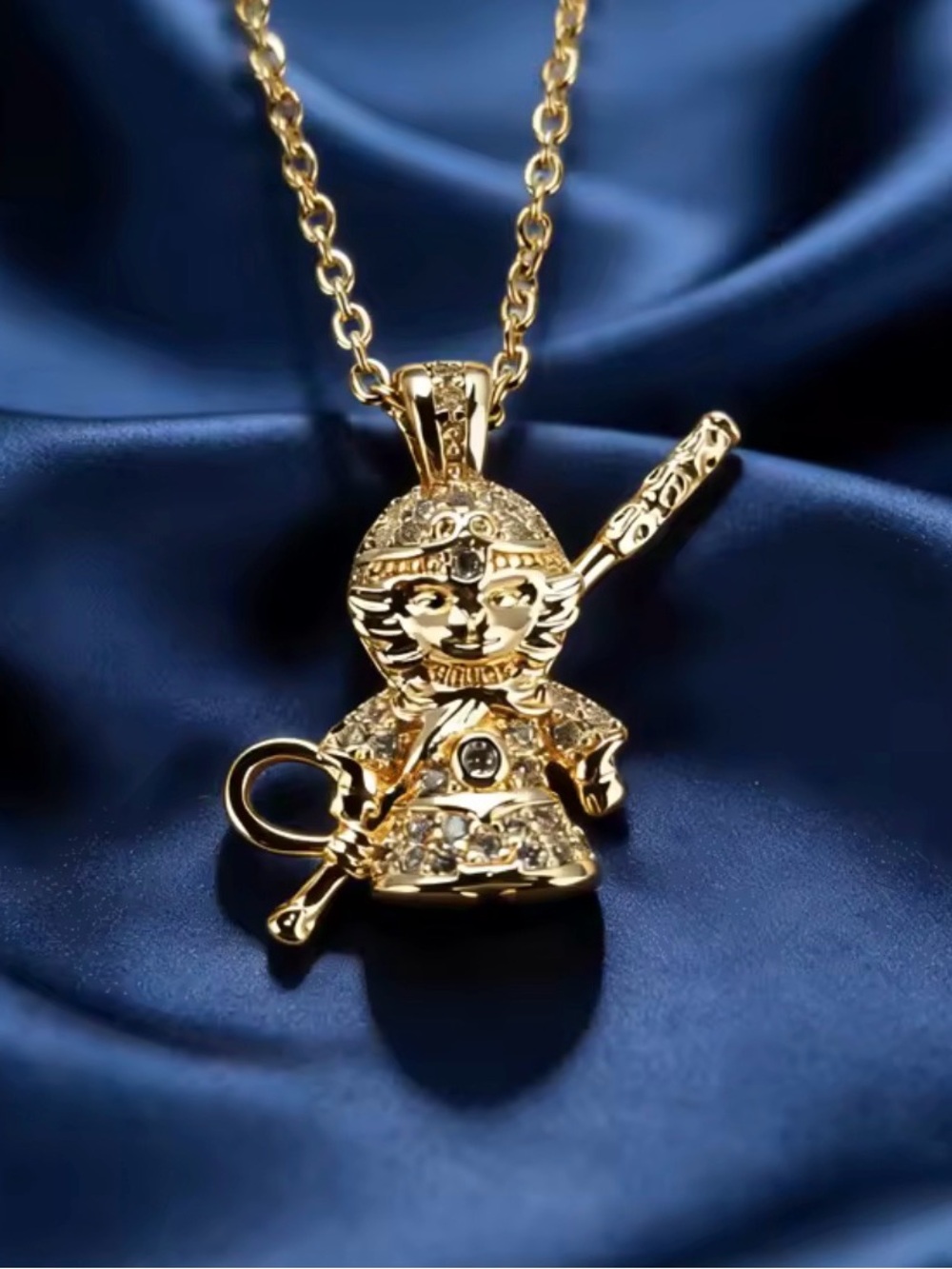 18K Gold Monkey King w/ Staff Micro Pave Diamond Inlay Necklace Mythology Legend - Picture 10 of 13
